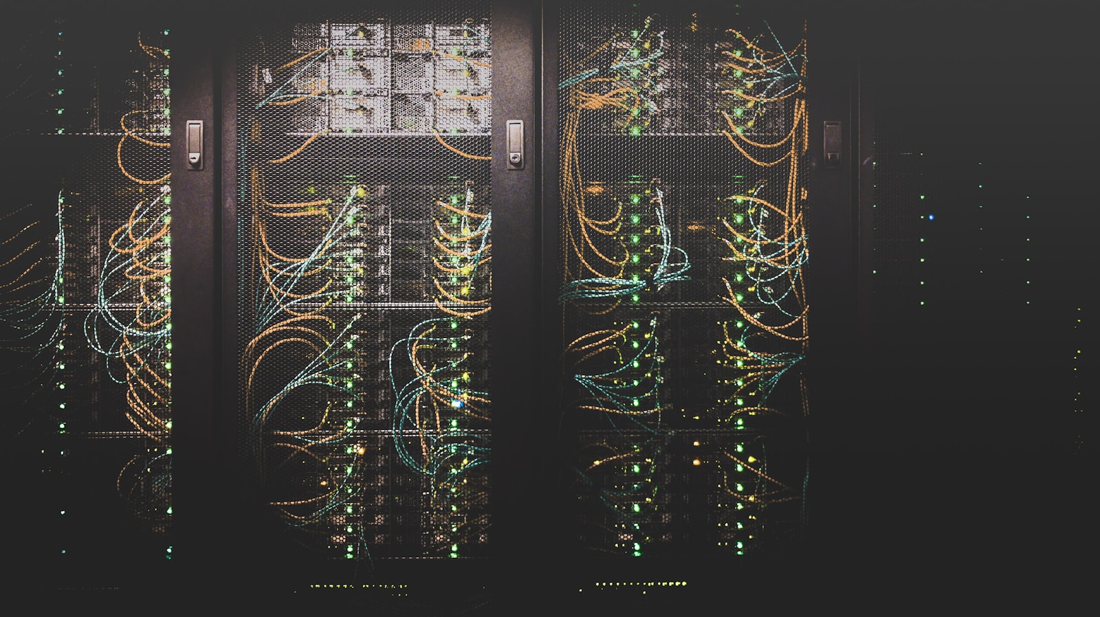 A data centre server rack with structured cabling